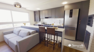 Cozinha planejada cinza integrada